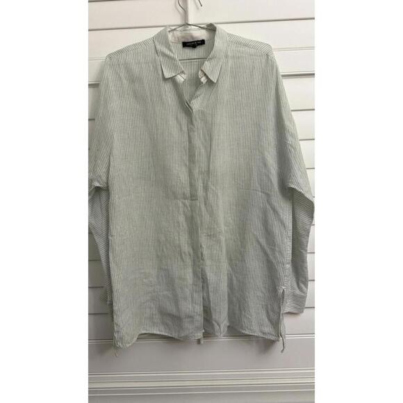Lafayette 148 New York 100% Linen striped button up blouse size Large - Picture 2 of 9